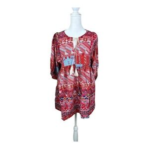 Umgee Tunic Dress Womens Medium Red Boho Peasant Tassel Tie 3/4 Sleeve Festival